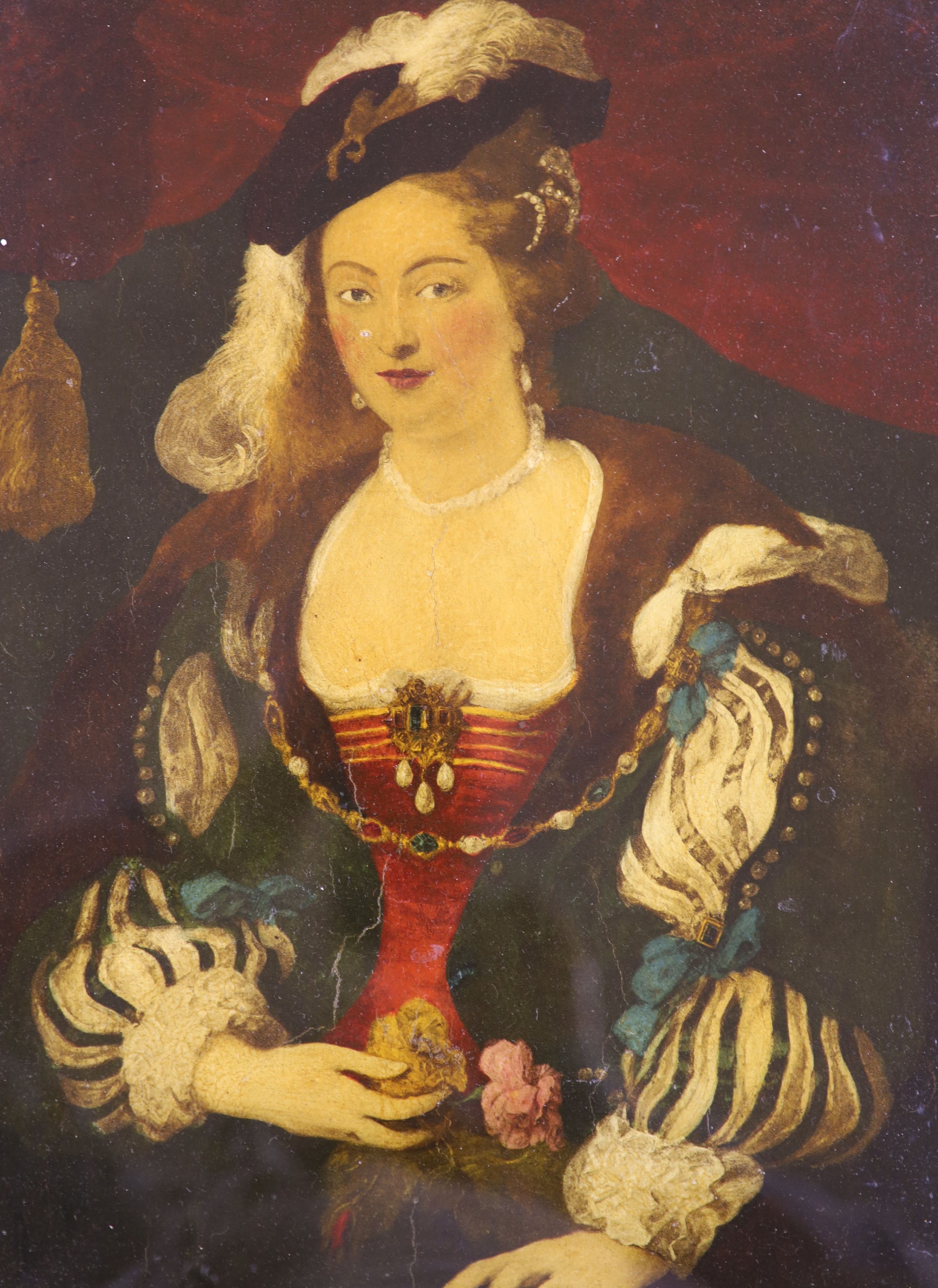 After William Hogarth, reverse print on glass, Marriage-à-la-Mode, plate 6, 25 x 35cm and a later reverse print on glass, Portrait of a lady, 35 x 27cm